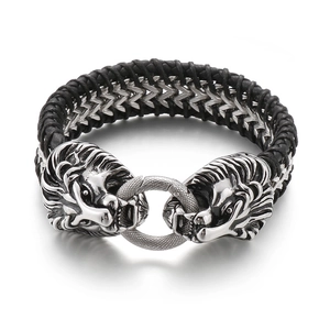 Punk men's braided leather bracelet with double silver lion heads in stainless steel