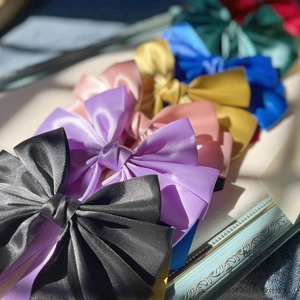 Detailsammlung von Satin-Haarschleifen in verschiedenen lebendigen Farben im Vintage-Rahmen