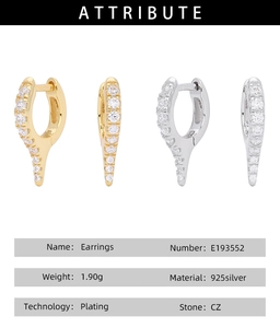 Detailed attribute chart for S925 sterling silver geometric earrings with CZ stones