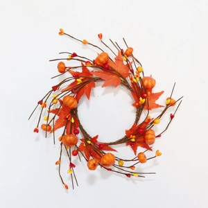 Autumn Harvest Pumpkin Maple Leaf Candle Ring For Thanksgiving Halloween Table Decor Satin Leaves Foam Berries Wreath