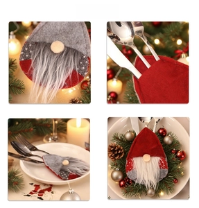 Detail of Christmas gnome cutlery holder showing soft felt texture and white faux fur beard