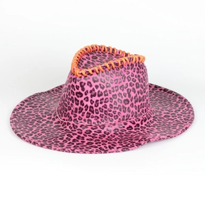 Detailed view of pink leopard print cowboy hat with orange braided rope trim and stitching