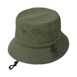 Detail of army green sun bucket hat with quick-dry texture and adjustable windproof drawstring