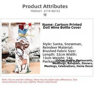 Detail showing cartoon wine bottle covers in brushed fabric for Christmas table decor