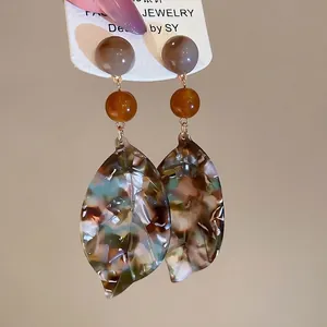 Vintage Tortoiseshell Leaf Drop Earrings With 925 Sterling Silver Earring Post Acetic Acid Leaf Pendant Ethnic Jewelry For Women