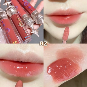 Glossy mirror lip glaze shade 02 showing lip swatches and arm test on a collage