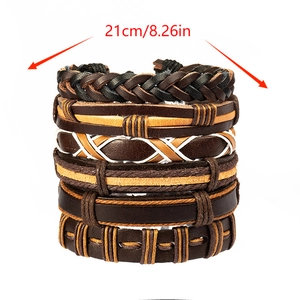 Men's 6-piece vintage leather woven bracelet set in brown and tan tones, 21cm length