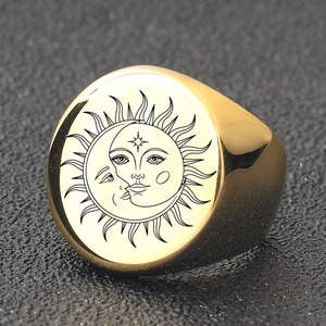 Polished 22mm gold signet ring featuring sun and moon mysticism engraving for men