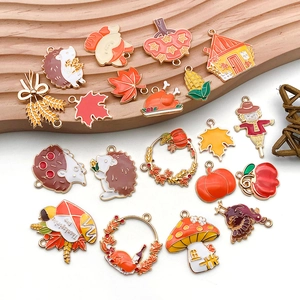 Thanksgiving themed alloy enamel pendants with pumpkin maple leaf and turkey patterns