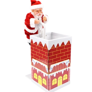 Père Noël électrique grimpant sur cheminée avec musique et briques rouges classiques