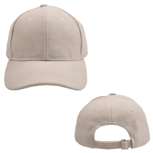 Detail view of beige faux suede baseball cap showing soft texture and metal buckle