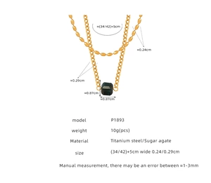 Detailed size chart for layered titanium steel necklace with square agate pendant