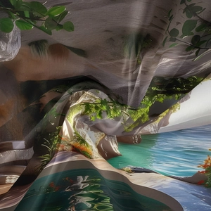 Close-up of silky bohemian tapestry fabric showing realistic lake and mountain scenery