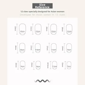 Size chart showing 12 different dimensions for pink gradient press-on nail sets