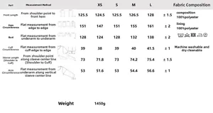 Detailed size chart for women's long belted trench coat with polyester fabric specifications