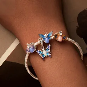 S925 sterling silver mesh bracelet with colorful enamel butterfly and beetle charms