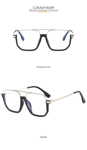 Detail view of square half-frame glasses in black and silver C2 style with double bridge