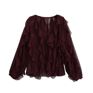 Classic dark red layered chiffon shirt with elegant ruffles and long sleeves