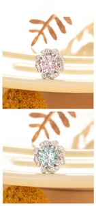 Detail of floral zircon earrings with screw backs in pink and blue crystal options
