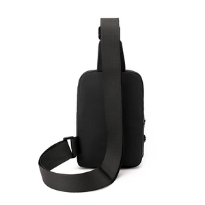 Back view of black waterproof nylon crossbody chest bag with adjustable strap and mesh padding