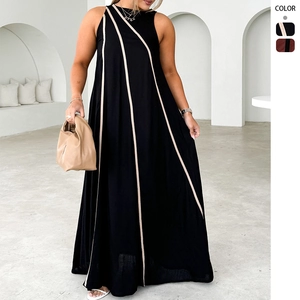 Sleeveless Maxi Dress Polyester Round Neck Striped Patchwork Loose Fit Elegant Urban Casual Long Gown For Women