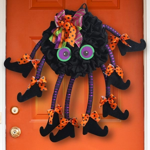 Halloween Spider Wreath Door Hanger Fabric Mesh Multi Legged Witch Boots Polka Dot Bows Spooky Party Home Decoration