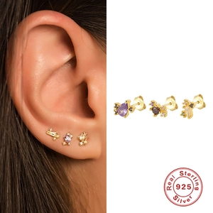 Three-piece S925 sterling silver stud earring set with colorful cubic zirconia