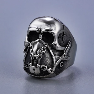 Detailed macro view of punk skull mask ring in antique silver stainless steel finish