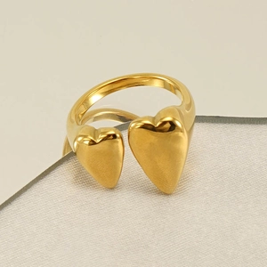 French style double heart open ring in 18k gold plated stainless steel on luxury fabric