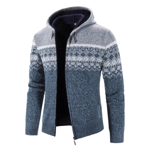 Giacca da Uomo in Maglia con Cappuccio e Fodera in Pile Jacquard Geometrico Etnico Full Zip Caldo Poliestere Maglione Casual Outdoor