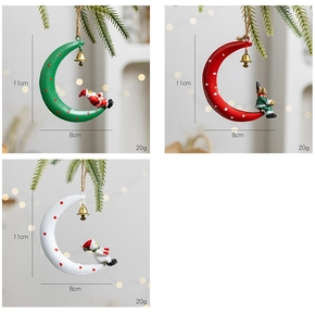Detailed size view of moon-shaped Christmas pendants with bells and miniature figurines