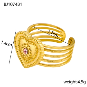 Vintage gold heart-shaped titanium steel ring with pink gemstone and multilayer band