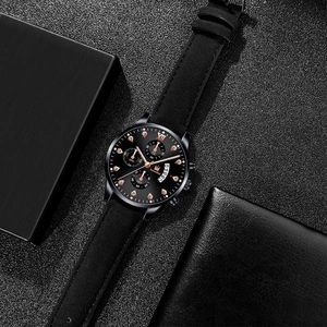 Business men's quartz watch with black leather strap and Roman diamond dial features