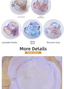 Detail view of breathable mesh lining and elegant organza floral sun hats in five colors