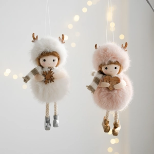 Plush Christmas angel dolls with wooden antlers and scarves for holiday tree decoration