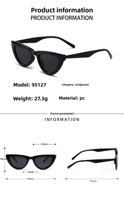Detailed product dimensions and specifications for model 95127 cat eye sunglasses
