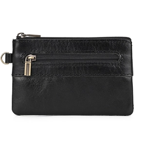 Front view of black leather coin pouch with dual metal zippers and side D-ring