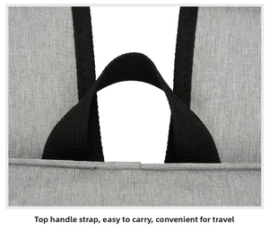 Detail of the top handle and gray polyester fabric on an insulated cooler backpack