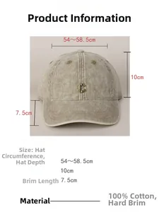 Detailed size chart for vintage washed cotton baseball cap with C letter and hard brim