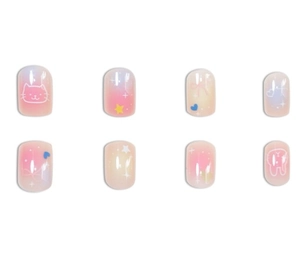 Detailed view of short square press-on nails with cartoon cat, rabbit, and bow designs