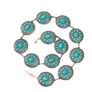 Ethnic retro silver metal waist chain with blue turquoise inlays on white background