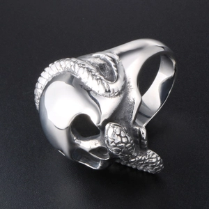 Gothic skull and snake ring for men made of silver titanium steel in punk rock style