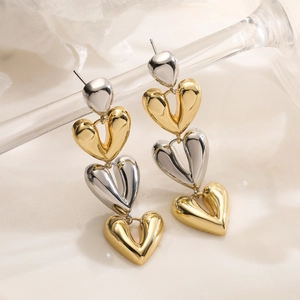 Stacked Heart Dangle Earrings Bi-Color Copper Gold Plated Long Geometric Unique Minimalist Fashion Accessory Women