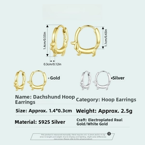Size chart for S925 sterling silver dachshund hoop earrings with measurements and details