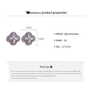 Macro view of clover earrings with purple rhinestones showing 1.2cm size measurements
