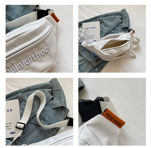 Collage of white canvas chest bag showing adjustable strap and internal storage detail