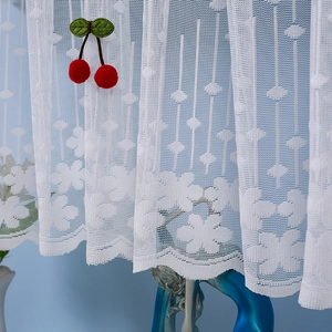 Close-up of white lace curtain with handmade 3D cherry accents and mesh texture
