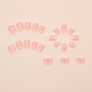 Classic French short press-on nails in nude pink and white color, 24-piece full set