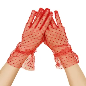 Vintage red mesh gloves with polka dots and ruffled wrist for bridal or cycling wear