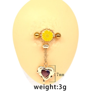 Golden chain belly piercing with yellow daisy and melting purple heart pendant